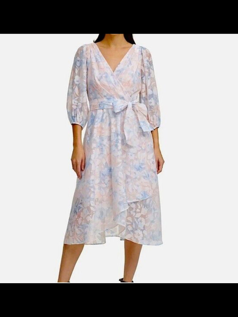 Dkny Pastel Pink and Blue Floral Wrap Midi Dress